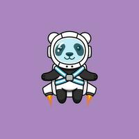 Cute panda cartoon character in space suit with rocket. Vector illustration.