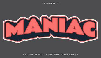 maníaco editable texto efecto en 3d estilo vector