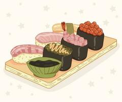 Sushi conjunto en un de madera tablero con salsa. asiático comida póster con realista Sushi y goonkan vector