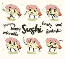 Big sushi characters set with lettering in retro cartoon style with different emotions. Asian food mascot vector