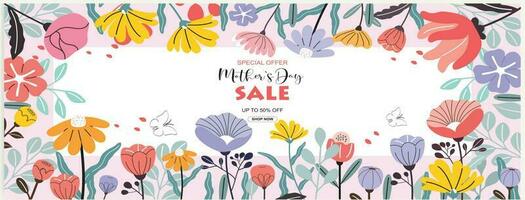 Mother's Day sale banner, poster, and background design with beautiful blossom flowers. vector illustration.