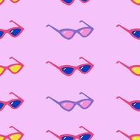 Seamless vivid pattern with blue, yellow, lilac sunglasses on pink background. Hand drawn minimalism vector illustration for summer stylish cover, cases, tropical wallpaper, prints, wrapping, textile