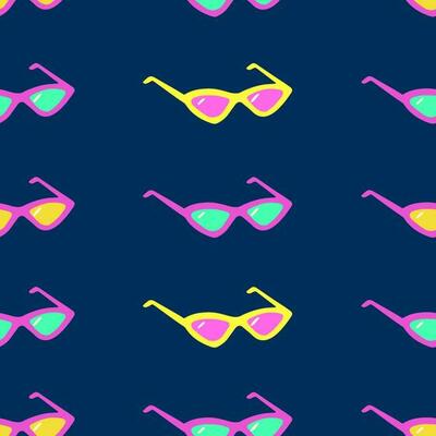Modern seamless pattern with neon sunglasses on blue background. Hand drawn vector illustration for cases, wallpaper, prints, wrapping, textile