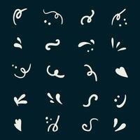 Hand-drawn set of scribbles and scrawls. Splash, leaf, heart and dots in squiggle doodle. vector