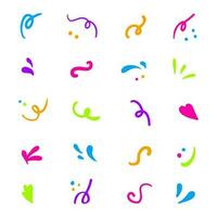 Colorful hand-drawn set of scribbles and scrawls. Splash, leaf, heart and dots in squiggle doodle. vector