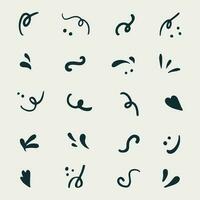 Hand-drawn set of scribbles and scrawls. Splash, leaf, heart and dots in squiggle doodle. vector