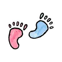 Baby's footprints hand-drawn watercolor art. Pink and blue  traces of children legs in doodle style. vector