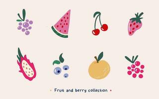 Fruit and berry vector collection. Hand drawn clipart of raspberry, blueberry, blackberry, cherry, strawberry, watermelon, dragon fruit, orange