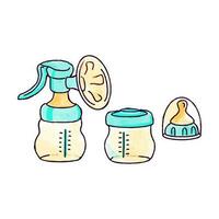 Hand-drawn set of breast pump and pacifier in doodle style. Watercolor illustration of baby feeding equipment. vector