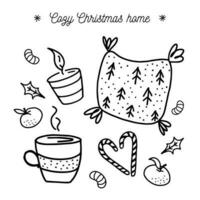 Hand drawn outline set of christmas home accessories. Festive pillow, scented candle, cocoa mug in doodle style vector