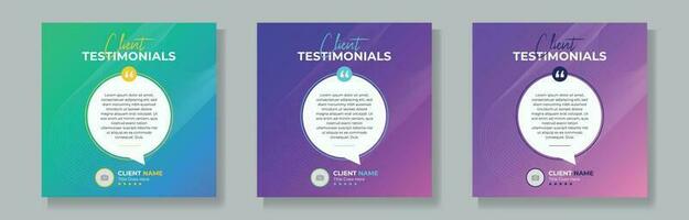 Set of client testimonials or review social media post design, client feedback template with square size modern and creative vector