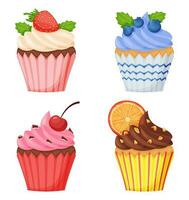 Cartoon cupcakes with different taste. Vanilla and chocolate muffins with different topping as strawberry, blueberry vector