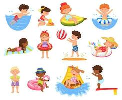 Kids swimming and spend time in pool, activity and leisure vector