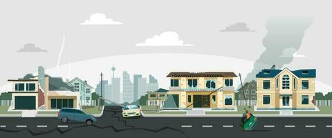 Ruined city after earthquake or war, abandoned and destroyed buildings. Town ruins with collapsed houses and burned cars vector illustration