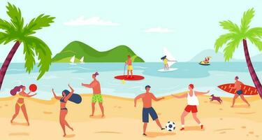 Beach activity people sport games, activities near sea vector