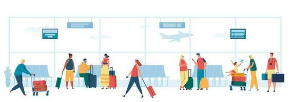 People in airport. Tourists traveling with baggage. Characters holding suitcases walking with passport and tickets vector