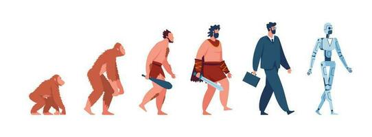 Human evolution, monkey, caveman, businessman, cyborg. Male character evolving from ancient ape to modern man and robot vector concept