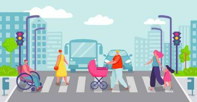 Group of people crossing city road. Characters going on crosswalk. Man walking with baby in pram. Person moving on wheelchair vector