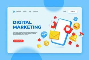 Digital marketing, online communication concept with 3d social media icons. Internet advertising strategies and targeting vector landing page