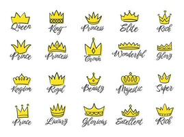 Doodle royal crown logos, hand drawn king and queen crowns. Sketch prince and princess tiara with gems, luxury diadem doodles vector set