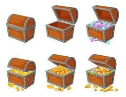 Cartoon treasure piles with coins, jewels, gems and gold bars. Pirate treasures, pile of gold, precious stones, wooden chest, crown vector set