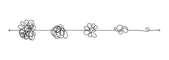 Simplifying complex problem concept, untangling chaotic arrow line. Simplification process, finding solution, tangled path with knots vector