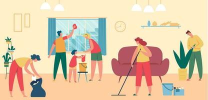 People cleaning home together, wash window and floor vector