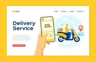 en línea entrega Servicio aterrizaje página plantilla, mensajero en scooter. comida orden rastreo aplicación, entrega hombres con paquete vector sitio web concepto