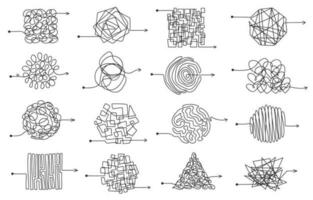 Messy scribble arrow lines, chaotic tangled doodles. Hand drawn squiggles, chaos scrawls, sketch knot arrows confusion concept vector set