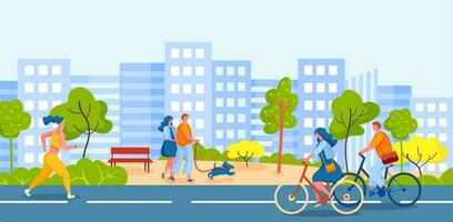 People walking in city park. Characters riding bicycles on cycle lanes. Woman running or jogging in sport clothing vector
