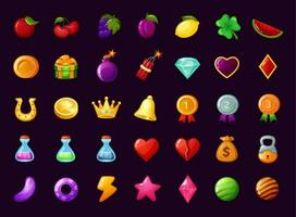 Cartoon gui game icon, mobile gaming app interface elements. Magic potions, heart, money bag, fruits, casino slot machine app icon vector set
