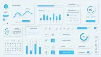 Neumorphic user interface elements, mobile app ui design kit. Buttons, bars, sliders in neumorphism style for website or dashboard vector set