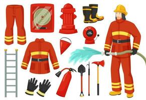 dibujos animados bombero personaje con fuego luchando equipo y herramientas. bombero uniforme, boca de aguas, fuego alarma, extintor, manguera vector conjunto