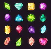 Cartoon gemstones, magic crystals, jewel stone, precious gems. Shiny magical stones for game design, diamond gem, jewelry crystal vector set