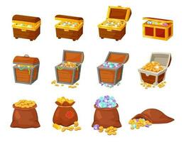 Cartoon pirate treasure chests, bags with gold and jewels. Open wooden chest with ancient treasures, bag with golden coins and gems vector set