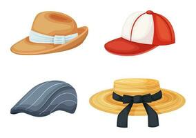 dibujos animados sombreros. hembra y masculino playa Dom sombreros con blanco y negro cinta arcos Adolescente béisbol gorra para deporte estilo vector