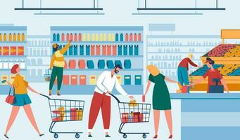 Family do shopping in supermarket, foodstuff store vector