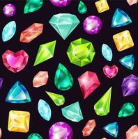 Cartoon magic crystals and precious gemstones seamless pattern. Colorful jewelry crystal, diamond gems, shiny jewel stones vector background