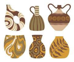 Ceramic vases with abstract and plant design. Crockery with handles, ancient vessels. Antique ethnic jug or pot vector
