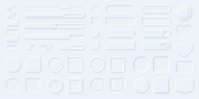 Neumorphism style ui elements, buttons, progress bars, sliders, panels. Neumorphic user interface design kit for web or mobile app vector set