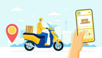 Online delivery service, tracking order app, courier delivering package. Delivery man riding scooter, food ordering services vector concept