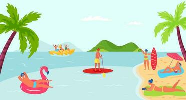 Young people having summer vacations on beach. Men floating on flamingo ring, drinking cocktail and lying under umbrella vector