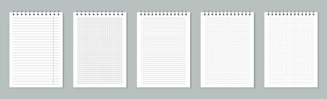 cuaderno paginas con cable vinculante, realista forrado papel hojas. vacío colegio bloc página, memorándum Nota hojas con espiral aglutinantes vector conjunto
