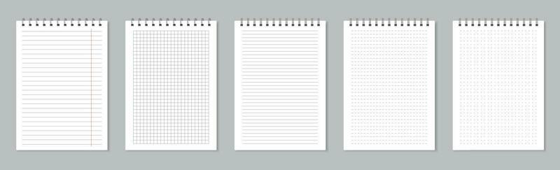 Notebook pages with wire binding, realistic lined paper sheets. Empty school notepad page, memo note sheets with spiral binders vector set