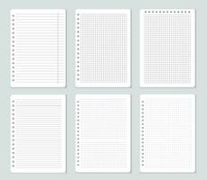 Squared notebook pages, lined paper sheets, notepaper. School notepad with lines or dots, blank memo papers, notebooks sheet vector set