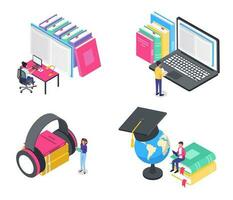 Isometric online education. Students studying at electronic library, reading books on computers and laptop vector