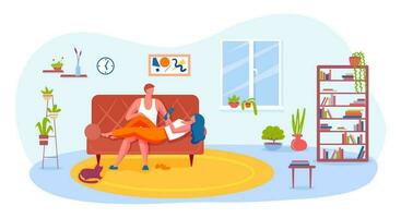 People relaxing at home. Couple lying on sofa, woman reading book, man looking at girlfriend. Characters spending leisure vector
