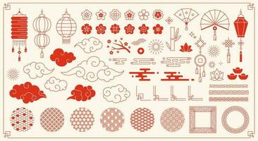 Traditional chinese new year elements, asian oriental ornaments. Japanese festive decorations, clouds, flowers and patterns vector set