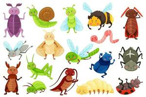 dibujos animados insectos, linda jardín insectos, libélula, mariquita, araña. gracioso caracol, abejorro, libélula, sonriente insecto caracteres para niños vector conjunto