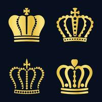 Royal gold king crowns icons. Royalty family symbol, golden queen and king diadem, majestic element of nobility vector